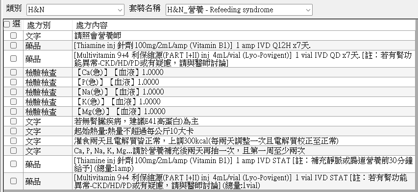 圖二、RFS套裝醫囑畫面